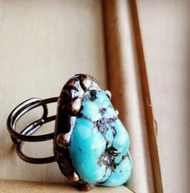 Blue Turquoise Ring set in Antique Copper
